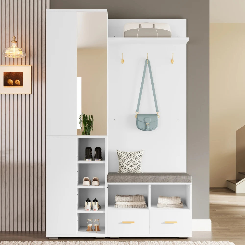 PINGGO White Wall Wardrobe Set with Mirror Shoe Bench 3 Hooks 2 Drawers Storage 120x35x190cm