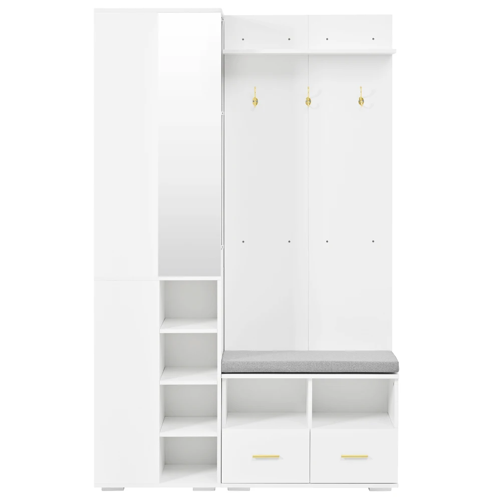 PINGGO White Wall Wardrobe Set with Mirror Shoe Bench 3 Hooks 2 Drawers Storage 120x35x190cm