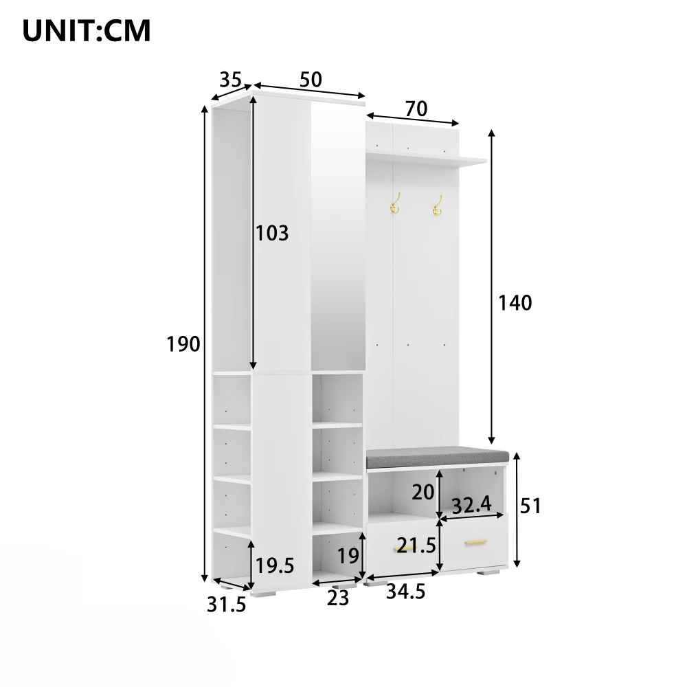 PINGGO White Wall Wardrobe Set with Mirror Shoe Bench 3 Hooks 2 Drawers Storage 120x35x190cm