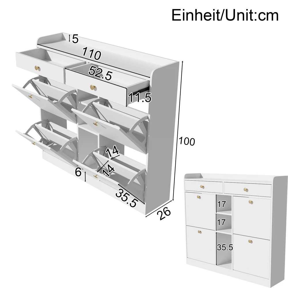 110 X 26 X 100cm Elegant Wooden Shoe Cabinet with 4 Folding Doors, 2 Drawers, 3 Open Compartments, for Modern Hallways Entrance