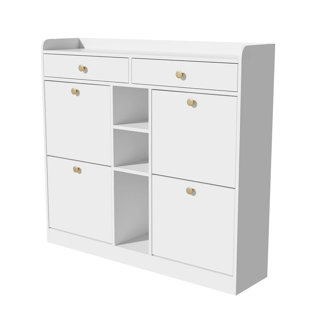 110 X 26 X 100cm Elegant Wooden Shoe Cabinet with 4 Folding Doors, 2 Drawers, 3 Open Compartments, for Modern Hallways Entrance