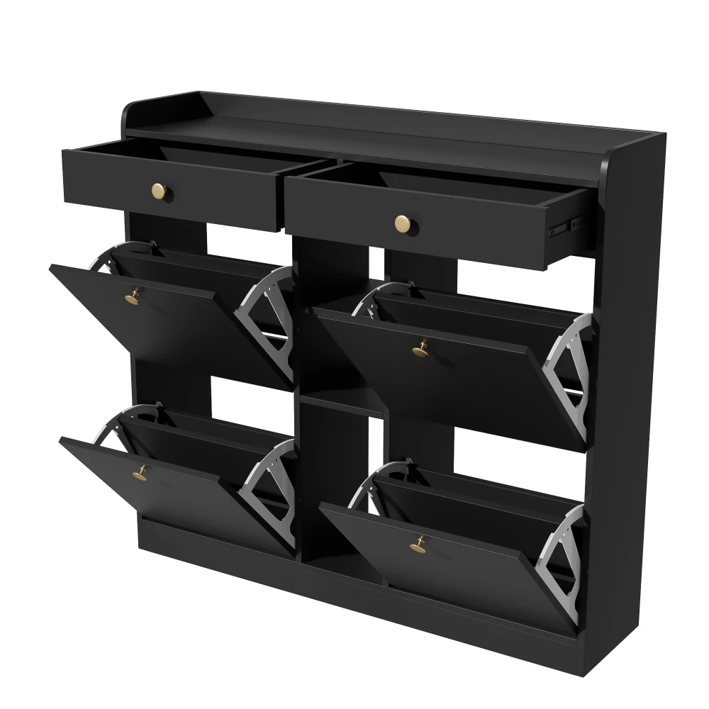 110 X 26 X 100cm Elegant Wooden Shoe Cabinet with 4 Folding Doors, 2 Drawers, 3 Open Compartments, for Modern Hallways Entrance