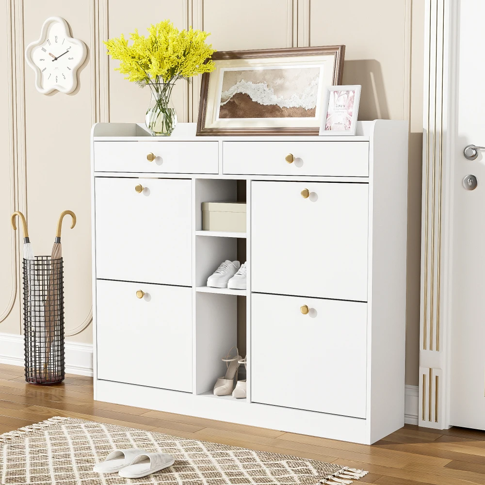110 X 26 X 100cm Elegant Wooden Shoe Cabinet with 4 Folding Doors, 2 Drawers, 3 Open Compartments, for Modern Hallways Entrance