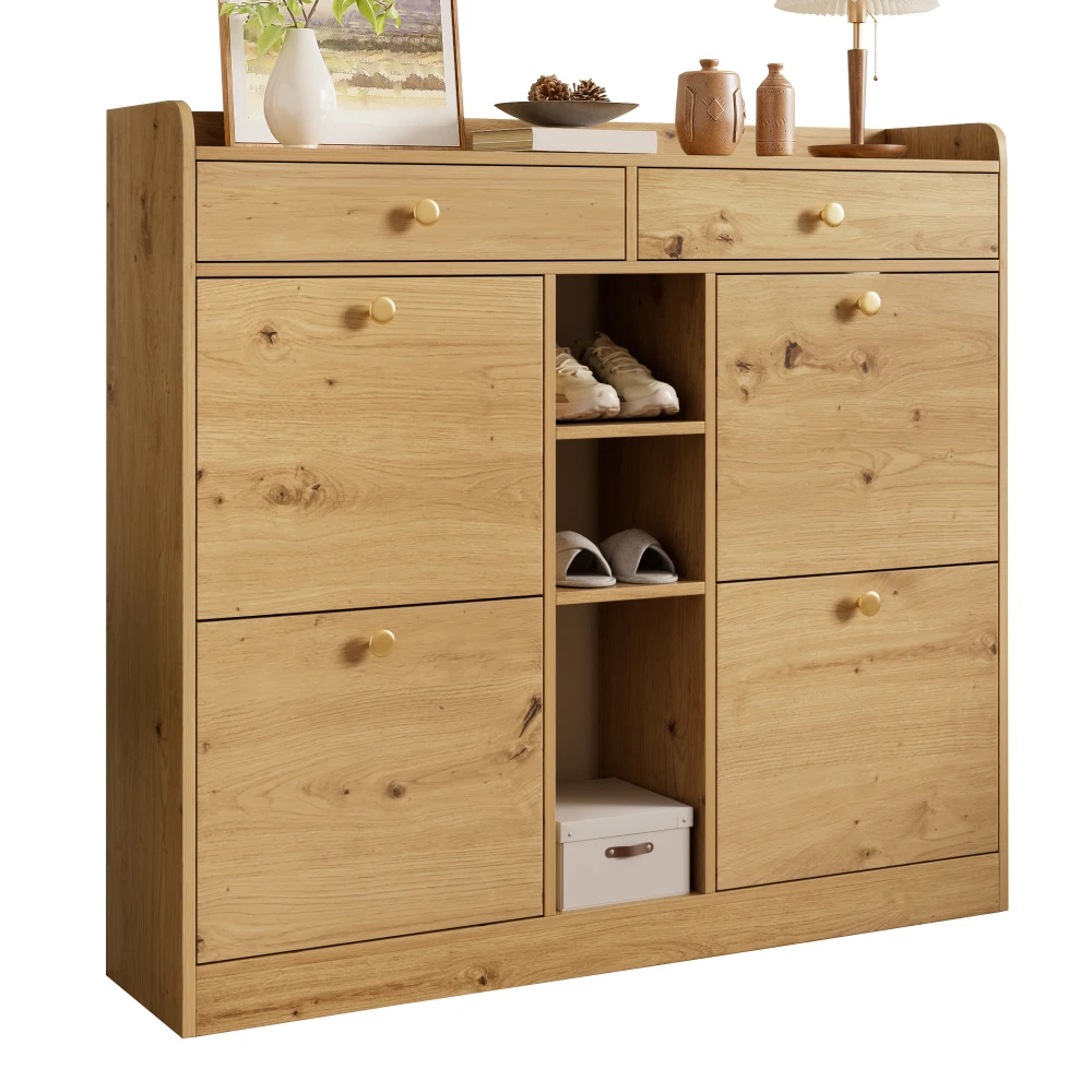 110 X 26 X 100cm Elegant Wooden Shoe Cabinet with 4 Folding Doors, 2 Drawers, 3 Open Compartments, for Modern Hallways Entrance
