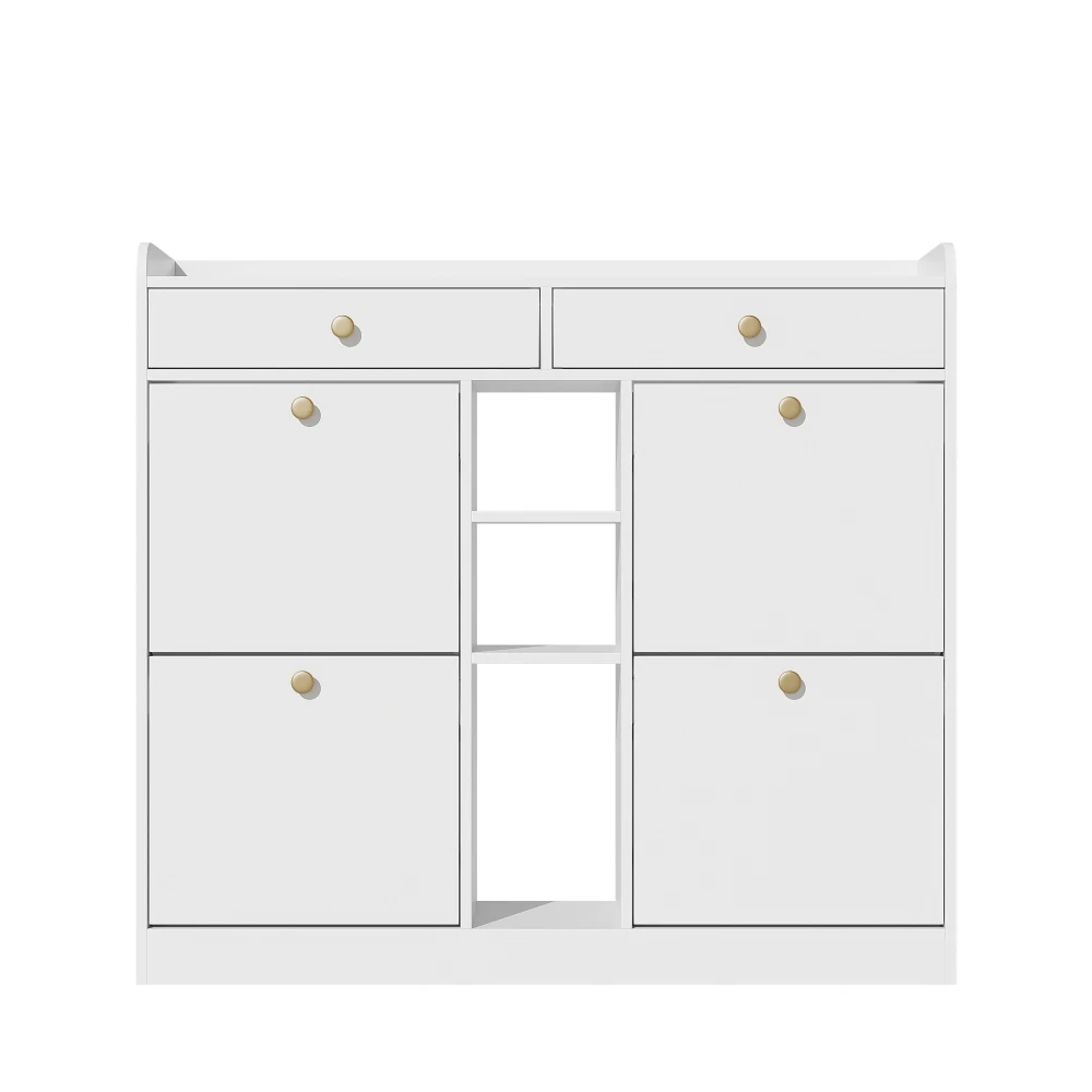 110 X 26 X 100cm Elegant Wooden Shoe Cabinet with 4 Folding Doors, 2 Drawers, 3 Open Compartments, for Modern Hallways Entrance