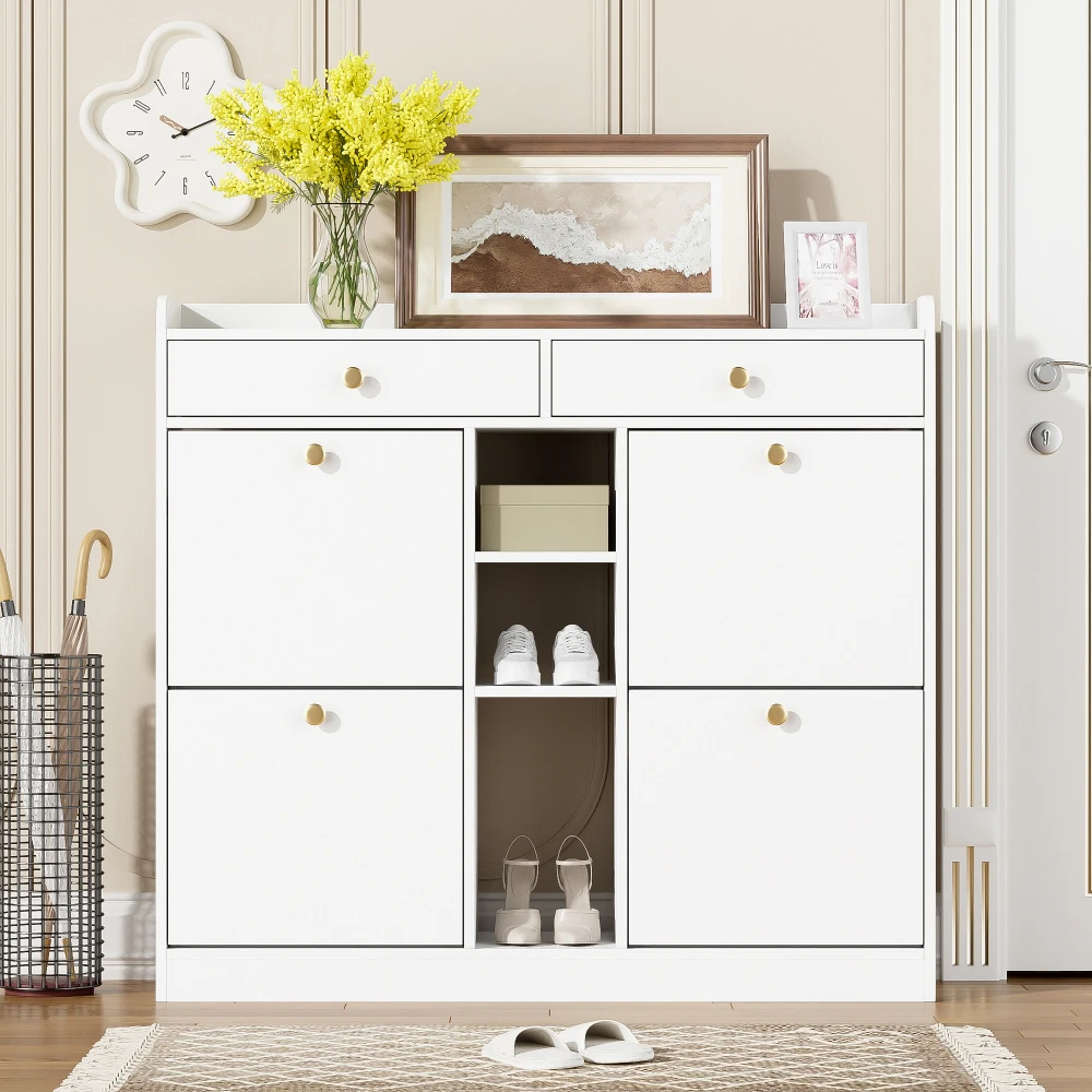 110 X 26 X 100cm Elegant Wooden Shoe Cabinet with 4 Folding Doors, 2 Drawers, 3 Open Compartments, for Modern Hallways Entrance