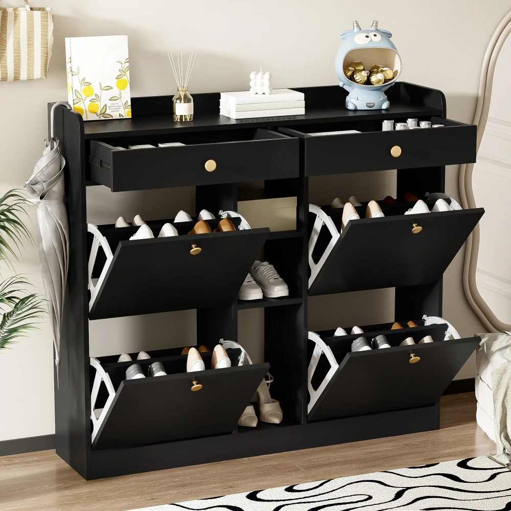 110 X 26 X 100cm Elegant Wooden Shoe Cabinet with 4 Folding Doors, 2 Drawers, 3 Open Compartments, for Modern Hallways Entrance