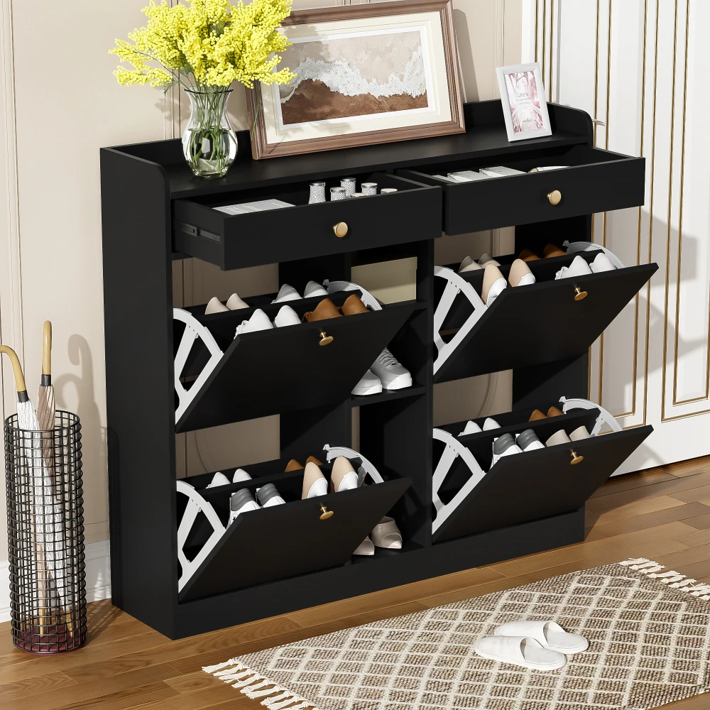 110 X 26 X 100cm Elegant Wooden Shoe Cabinet with 4 Folding Doors, 2 Drawers, 3 Open Compartments, for Modern Hallways Entrance
