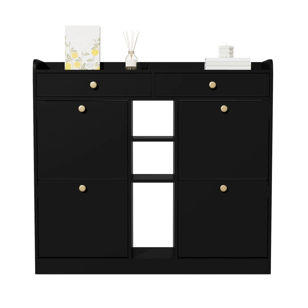 110 X 26 X 100cm Elegant Wooden Shoe Cabinet with 4 Folding Doors, 2 Drawers, 3 Open Compartments, for Modern Hallways Entrance