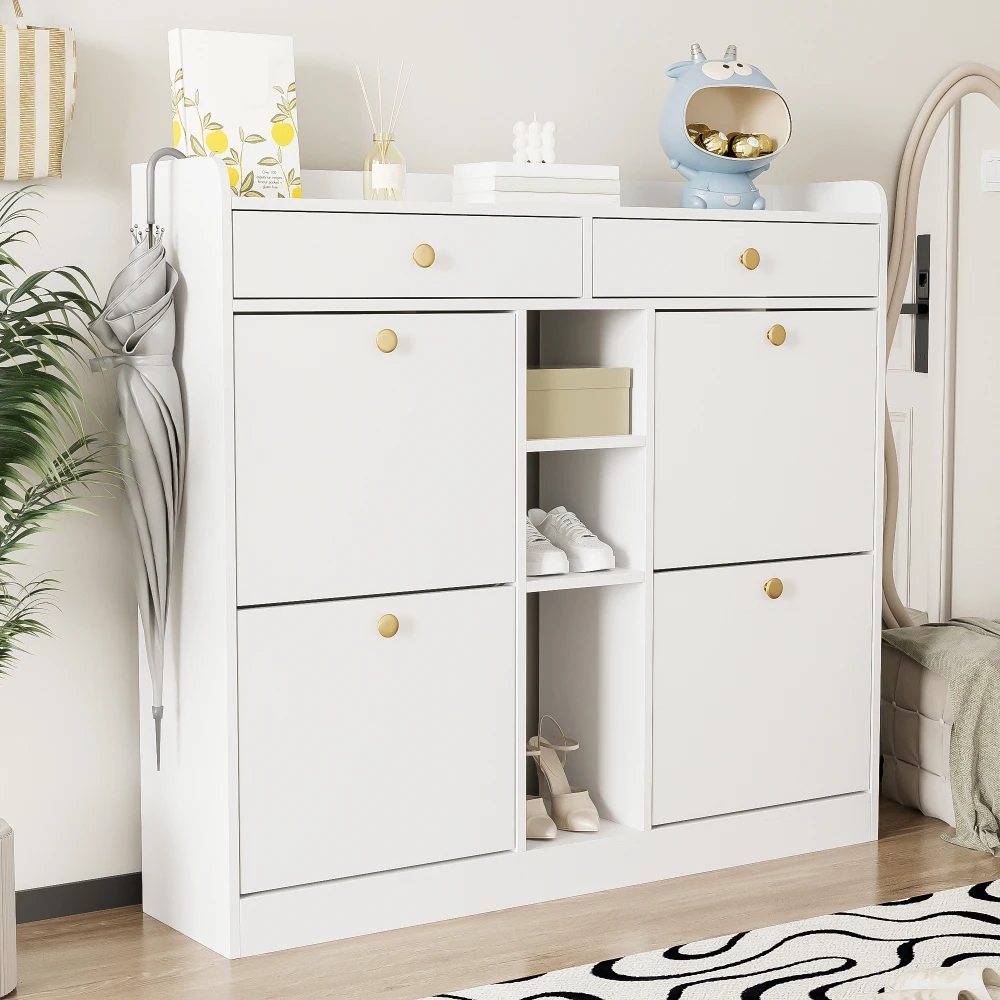 110 X 26 X 100cm Elegant Wooden Shoe Cabinet with 4 Folding Doors, 2 Drawers, 3 Open Compartments, for Modern Hallways Entrance