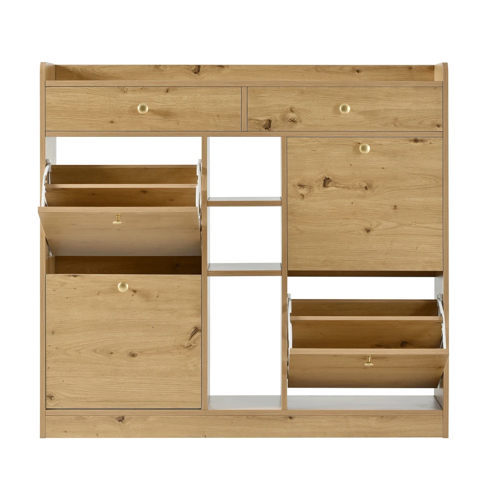 110 X 26 X 100cm Elegant Wooden Shoe Cabinet with 4 Folding Doors, 2 Drawers, 3 Open Compartments, for Modern Hallways Entrance