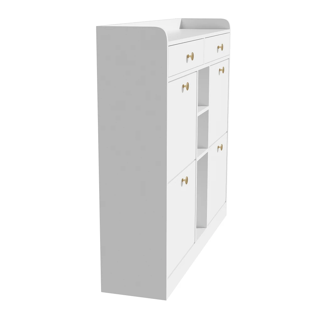 110 X 26 X 100cm Elegant Wooden Shoe Cabinet with 4 Folding Doors, 2 Drawers, 3 Open Compartments, for Modern Hallways Entrance