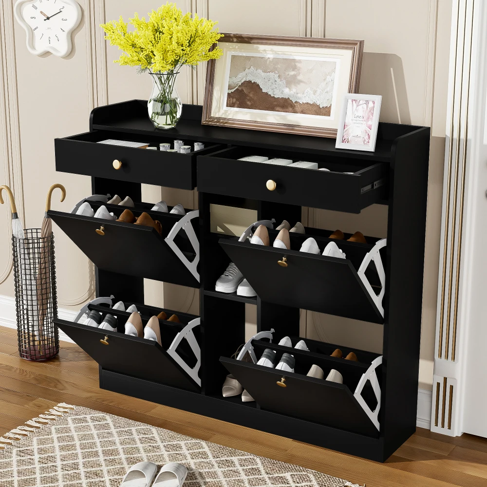110 X 26 X 100cm Elegant Wooden Shoe Cabinet with 4 Folding Doors, 2 Drawers, 3 Open Compartments, for Modern Hallways Entrance