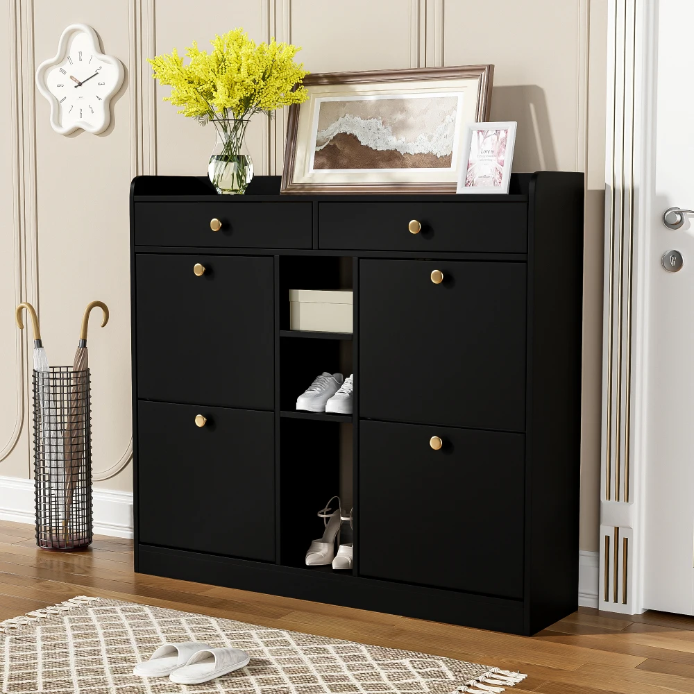 110 X 26 X 100cm Elegant Wooden Shoe Cabinet with 4 Folding Doors, 2 Drawers, 3 Open Compartments, for Modern Hallways Entrance