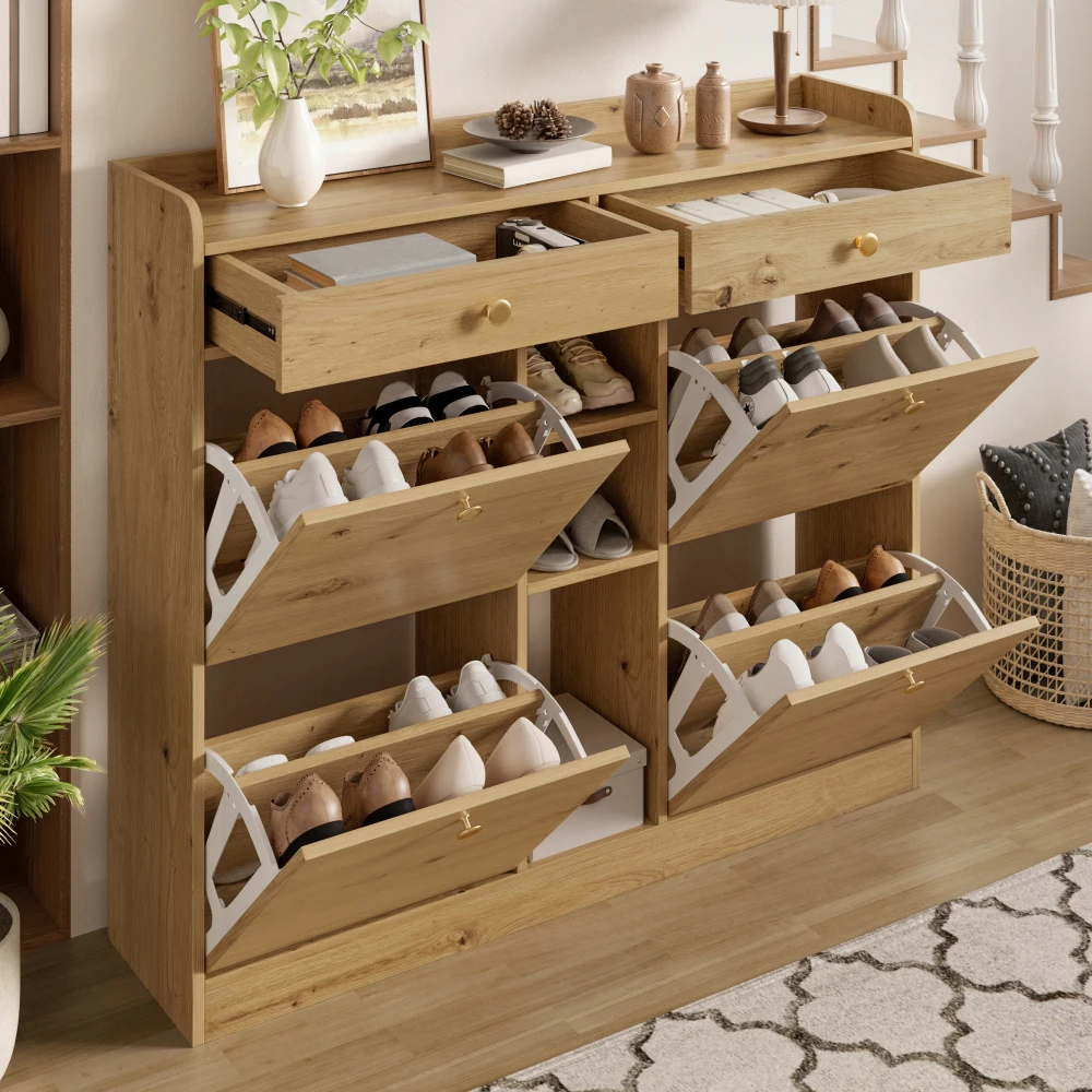 110 X 26 X 100cm Elegant Wooden Shoe Cabinet with 4 Folding Doors, 2 Drawers, 3 Open Compartments, for Modern Hallways Entrance