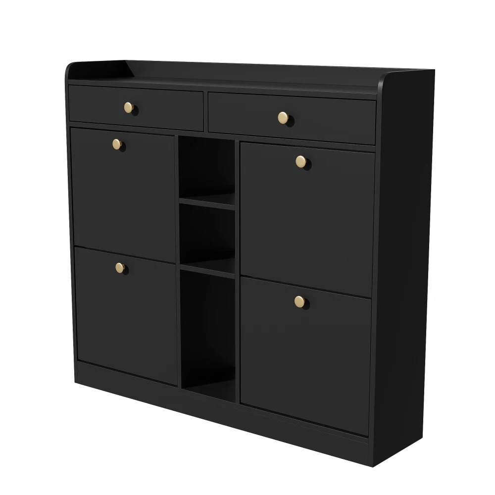 110 X 26 X 100cm Elegant Wooden Shoe Cabinet with 4 Folding Doors, 2 Drawers, 3 Open Compartments, for Modern Hallways Entrance