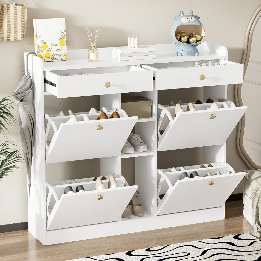 110 X 26 X 100cm Elegant Wooden Shoe Cabinet with 4 Folding Doors, 2 Drawers, 3 Open Compartments, for Modern Hallways Entrance