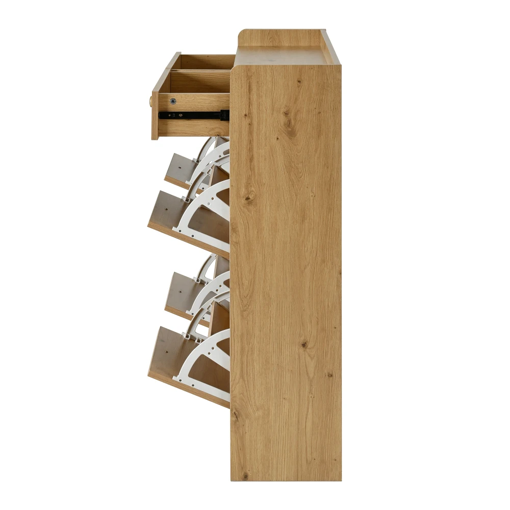 110 X 26 X 100cm Elegant Wooden Shoe Cabinet with 4 Folding Doors, 2 Drawers, 3 Open Compartments, for Modern Hallways Entrance