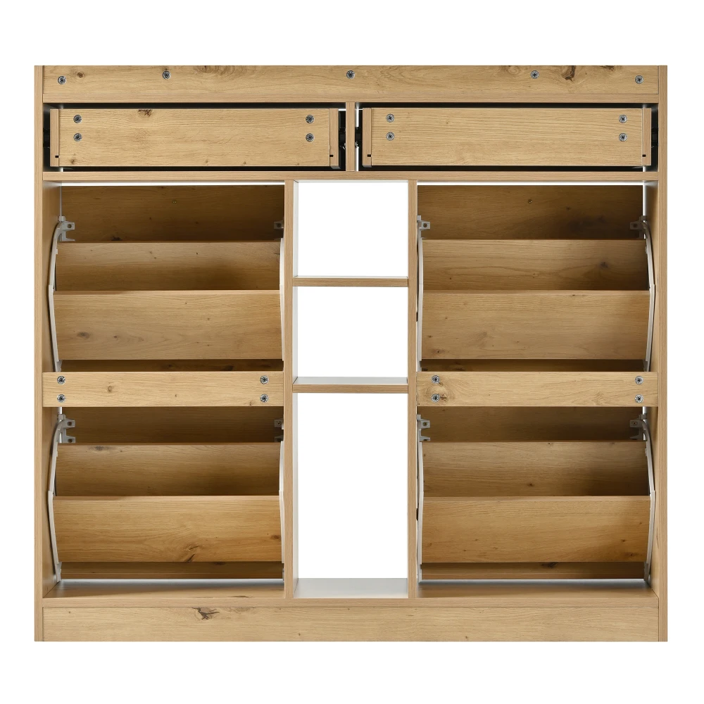 110 X 26 X 100cm Elegant Wooden Shoe Cabinet with 4 Folding Doors, 2 Drawers, 3 Open Compartments, for Modern Hallways Entrance