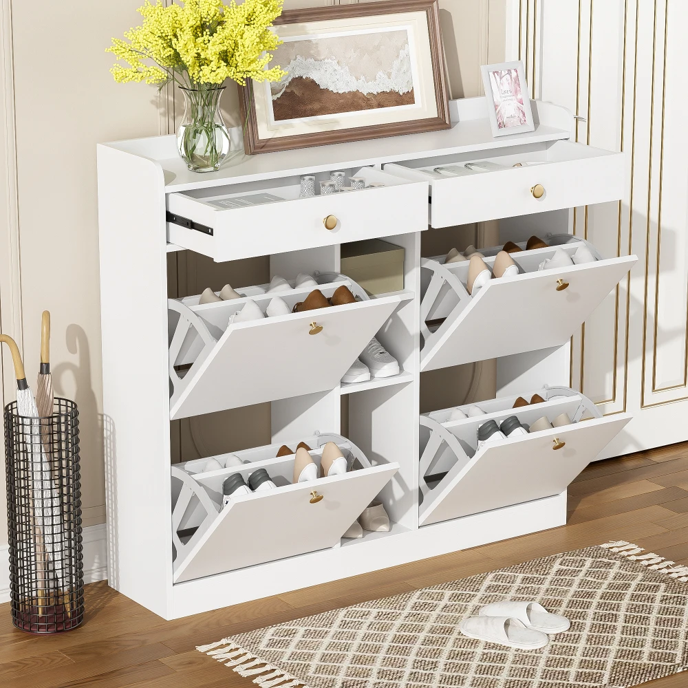 110 X 26 X 100cm Elegant Wooden Shoe Cabinet with 4 Folding Doors, 2 Drawers, 3 Open Compartments, for Modern Hallways Entrance