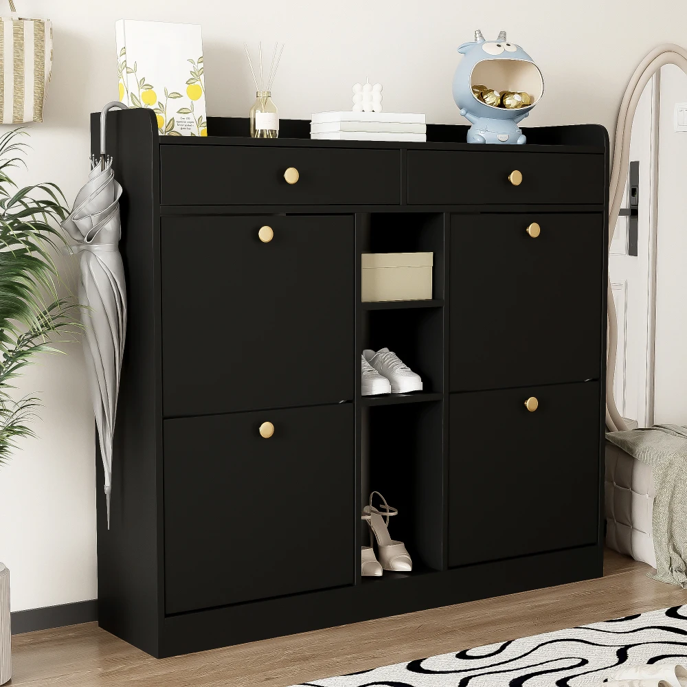 110 X 26 X 100cm Elegant Wooden Shoe Cabinet with 4 Folding Doors, 2 Drawers, 3 Open Compartments, for Modern Hallways Entrance