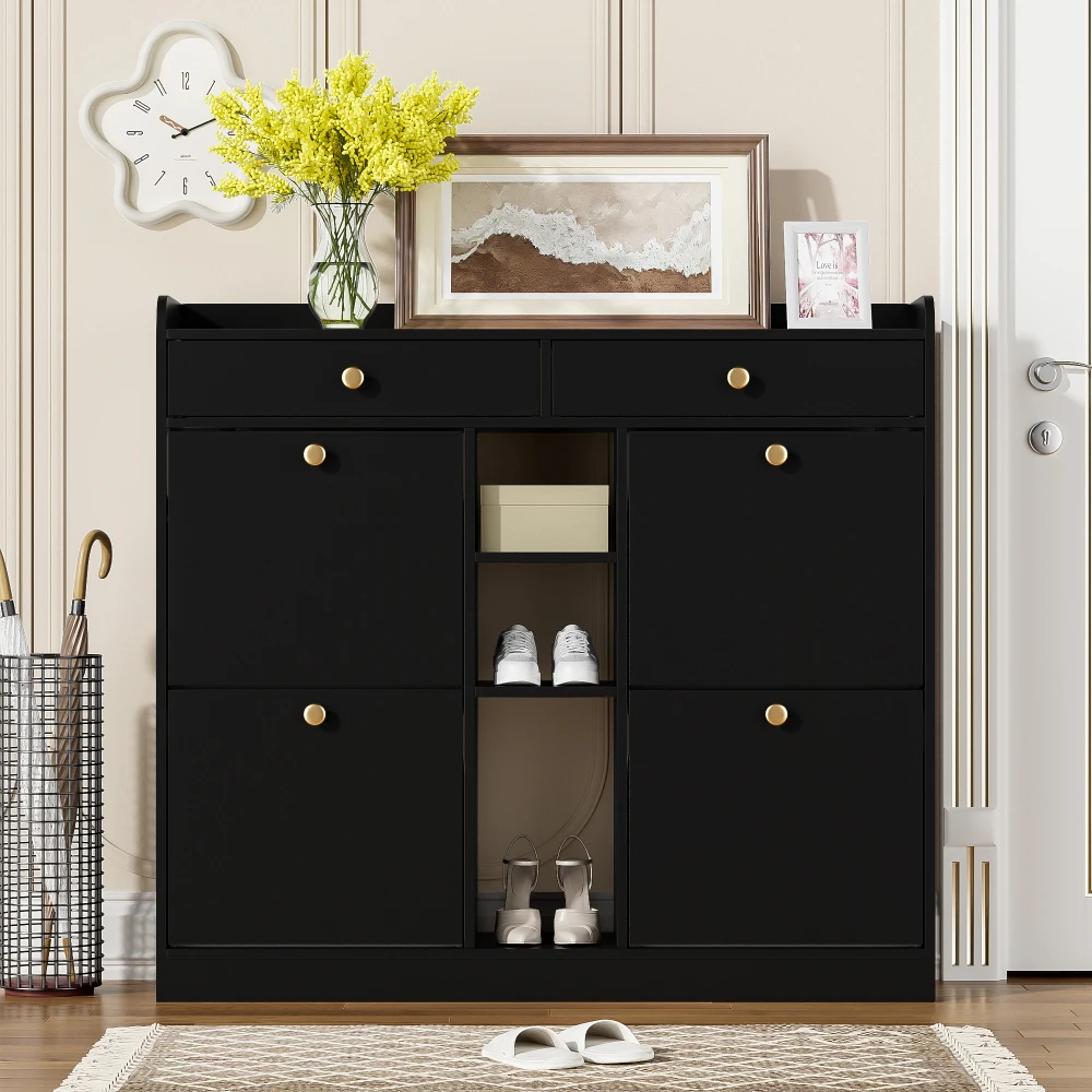 110 X 26 X 100cm Elegant Wooden Shoe Cabinet with 4 Folding Doors, 2 Drawers, 3 Open Compartments, for Modern Hallways Entrance