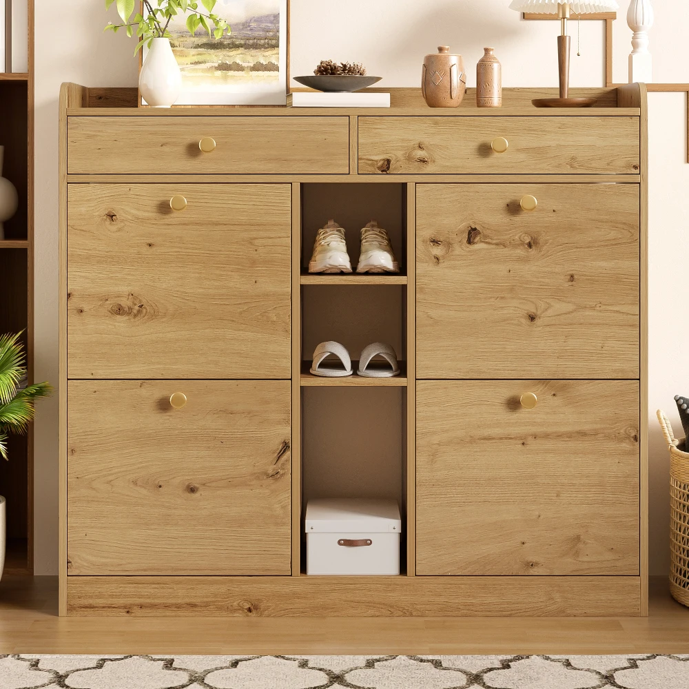 110 X 26 X 100cm Elegant Wooden Shoe Cabinet with 4 Folding Doors, 2 Drawers, 3 Open Compartments, for Modern Hallways Entrance