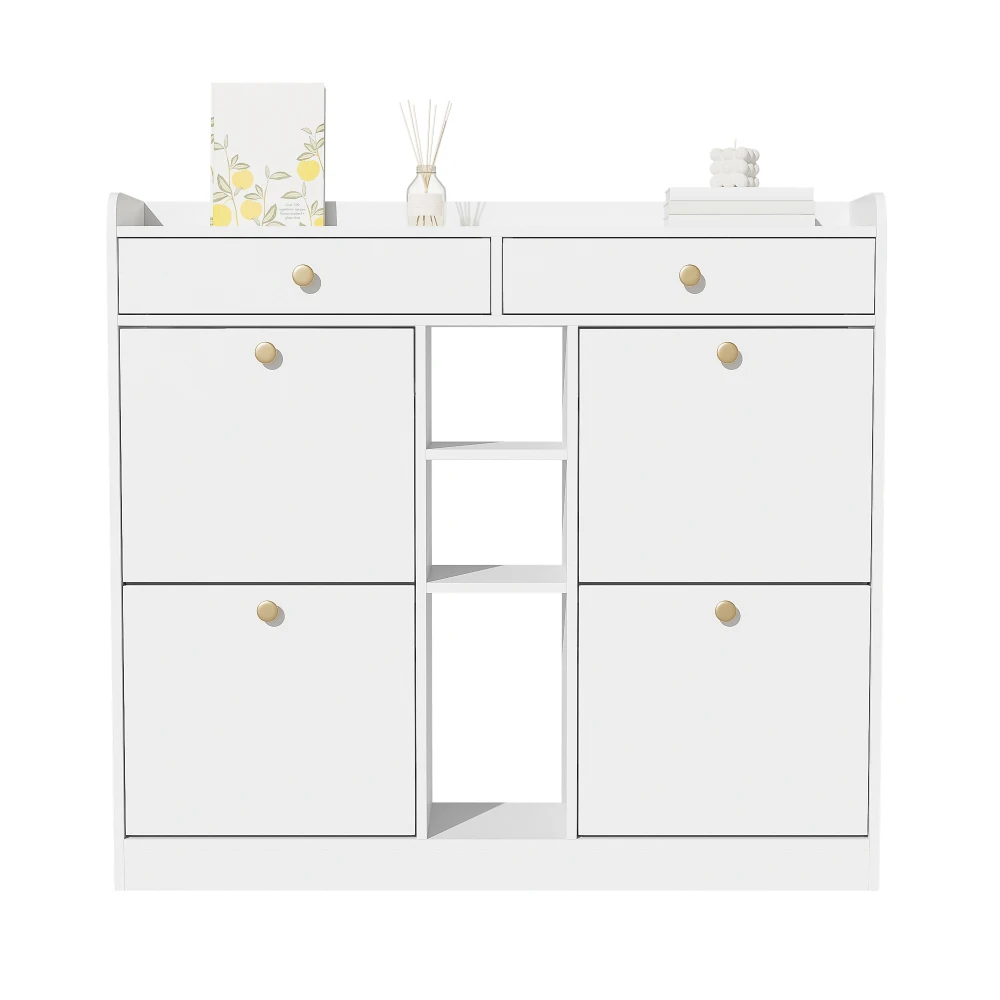 110 X 26 X 100cm Elegant Wooden Shoe Cabinet with 4 Folding Doors, 2 Drawers, 3 Open Compartments, for Modern Hallways Entrance