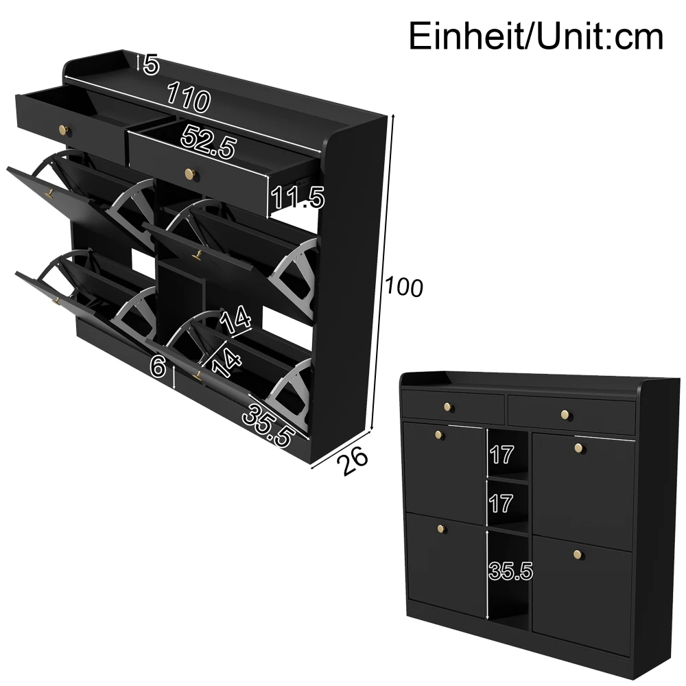 110 X 26 X 100cm Elegant Wooden Shoe Cabinet with 4 Folding Doors, 2 Drawers, 3 Open Compartments, for Modern Hallways Entrance