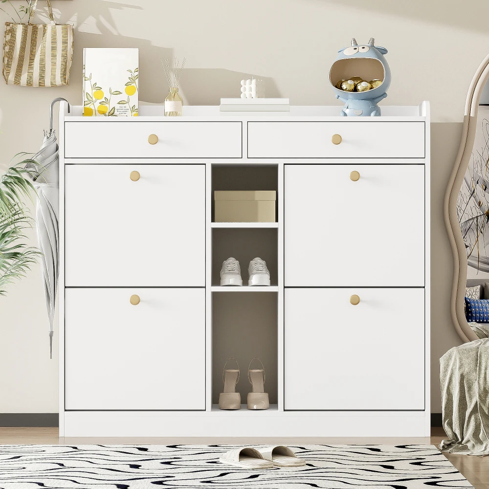 110 X 26 X 100cm Elegant Wooden Shoe Cabinet with 4 Folding Doors, 2 Drawers, 3 Open Compartments, for Modern Hallways Entrance