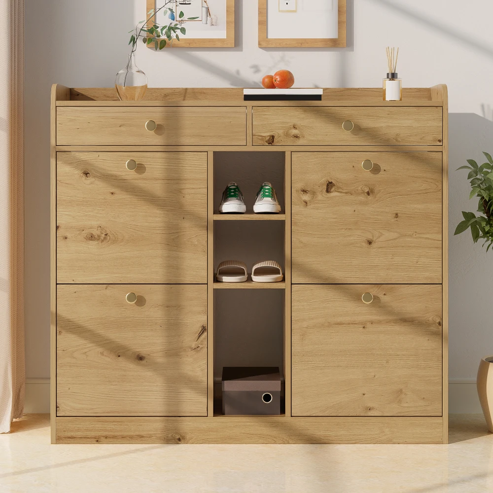 110 X 26 X 100cm Elegant Wooden Shoe Cabinet with 4 Folding Doors, 2 Drawers, 3 Open Compartments, for Modern Hallways Entrance