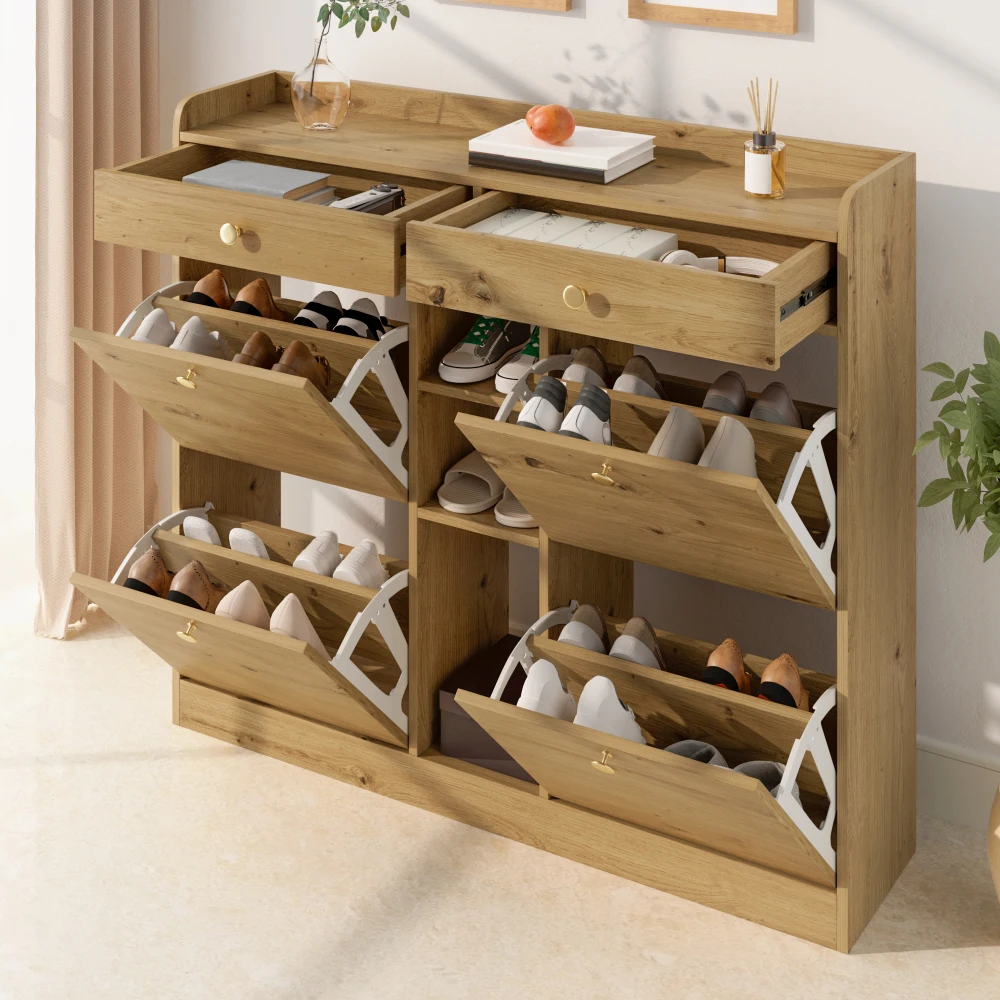 110 X 26 X 100cm Elegant Wooden Shoe Cabinet with 4 Folding Doors, 2 Drawers, 3 Open Compartments, for Modern Hallways Entrance