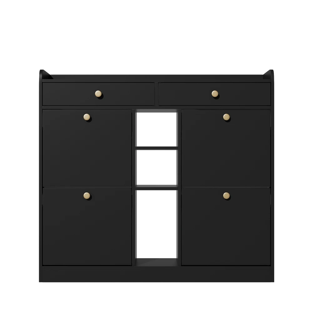 110 X 26 X 100cm Elegant Wooden Shoe Cabinet with 4 Folding Doors, 2 Drawers, 3 Open Compartments, for Modern Hallways Entrance