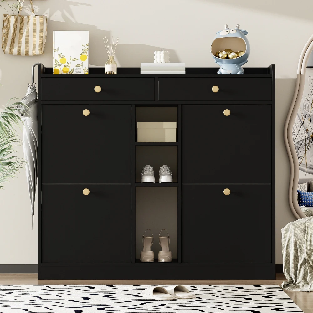 110 X 26 X 100cm Elegant Wooden Shoe Cabinet with 4 Folding Doors, 2 Drawers, 3 Open Compartments, for Modern Hallways Entrance