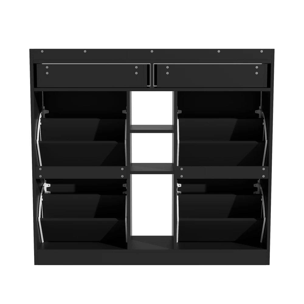 110 X 26 X 100cm Elegant Wooden Shoe Cabinet with 4 Folding Doors, 2 Drawers, 3 Open Compartments, for Modern Hallways Entrance
