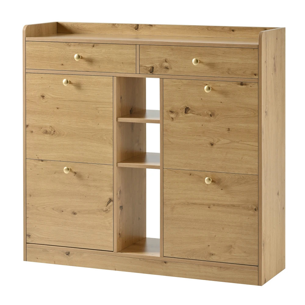 110 X 26 X 100cm Elegant Wooden Shoe Cabinet with 4 Folding Doors, 2 Drawers, 3 Open Compartments, for Modern Hallways Entrance