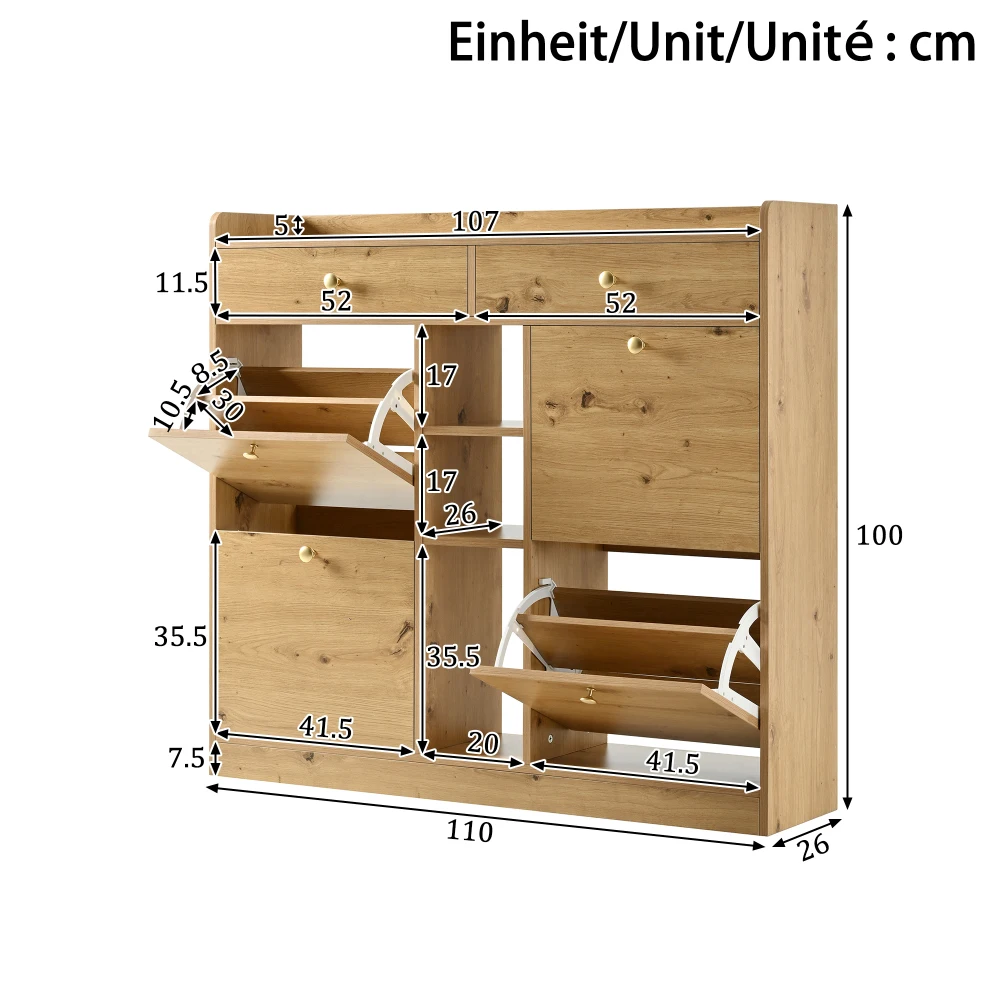 110 X 26 X 100cm Elegant Wooden Shoe Cabinet with 4 Folding Doors, 2 Drawers, 3 Open Compartments, for Modern Hallways Entrance