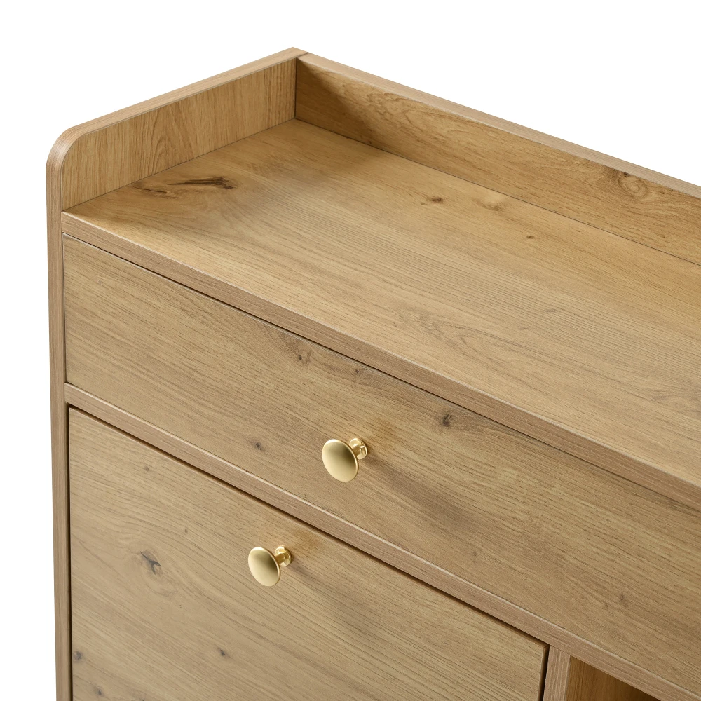 110 X 26 X 100cm Elegant Wooden Shoe Cabinet with 4 Folding Doors, 2 Drawers, 3 Open Compartments, for Modern Hallways Entrance