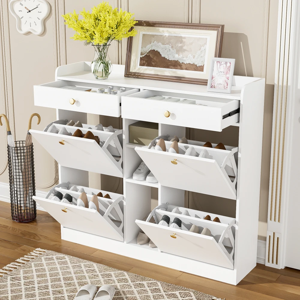 110 X 26 X 100cm Elegant Wooden Shoe Cabinet with 4 Folding Doors, 2 Drawers, 3 Open Compartments, for Modern Hallways Entrance