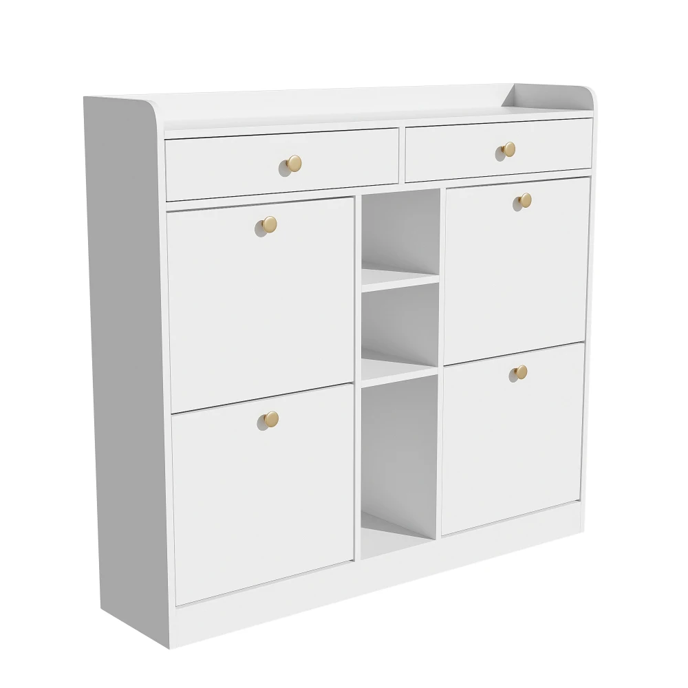 110 X 26 X 100cm Elegant Wooden Shoe Cabinet with 4 Folding Doors, 2 Drawers, 3 Open Compartments, for Modern Hallways Entrance