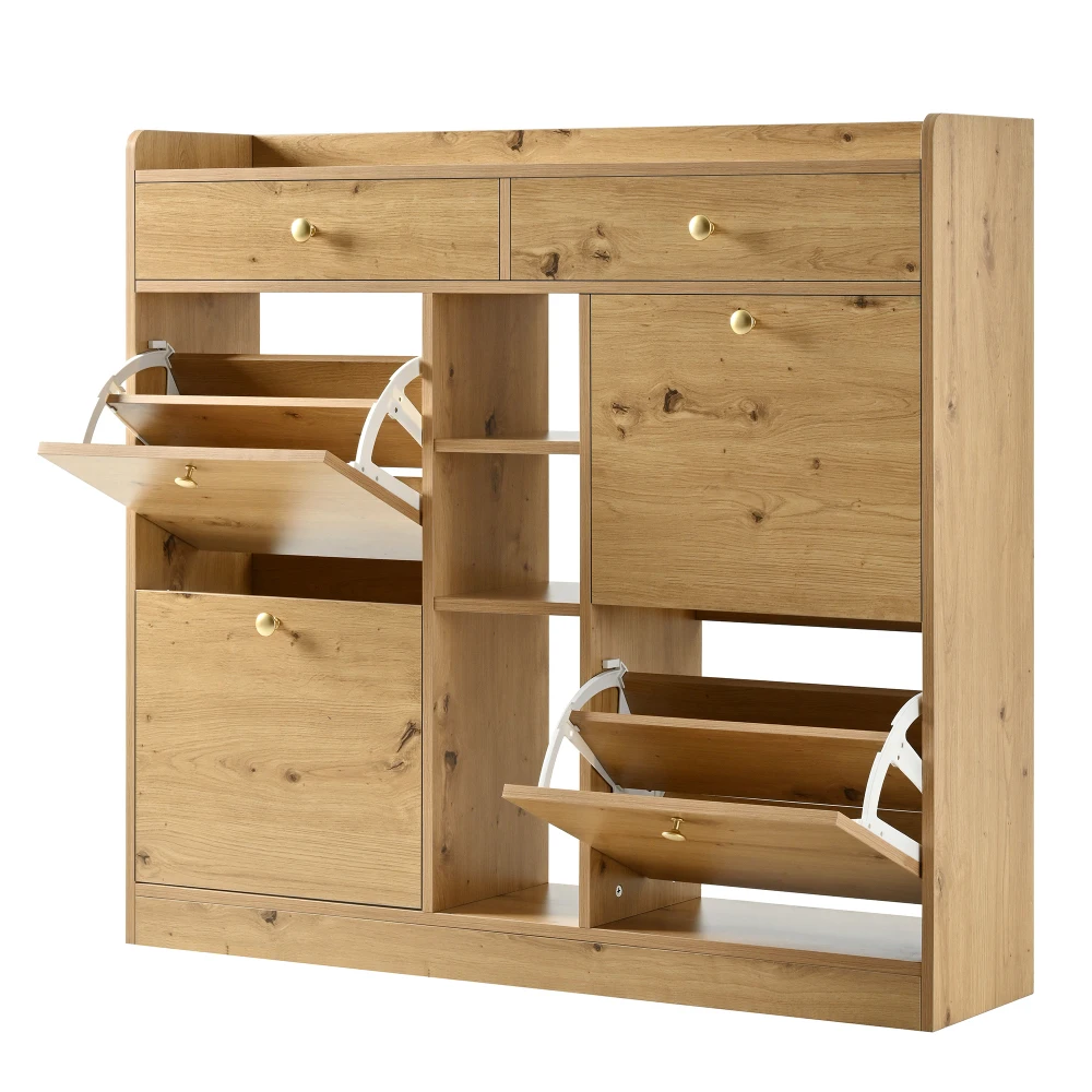 110 X 26 X 100cm Elegant Wooden Shoe Cabinet with 4 Folding Doors, 2 Drawers, 3 Open Compartments, for Modern Hallways Entrance