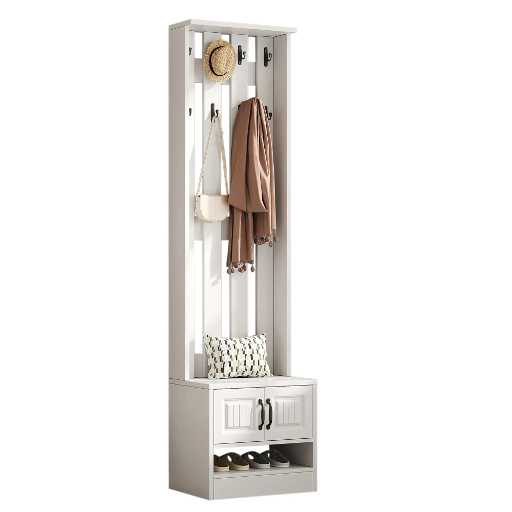 PINGGO Shoe Bench Shoe Cabinet Hallway Furniture With 2 Doors Rear Wall 8 Hooks White 50x36x190cm