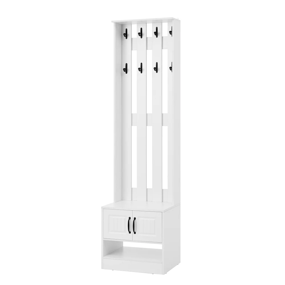 PINGGO Shoe Bench Shoe Cabinet Hallway Furniture With 2 Doors Rear Wall 8 Hooks White 50x36x190cm