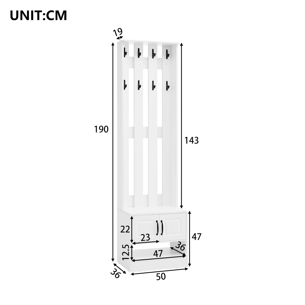 PINGGO Shoe Bench Shoe Cabinet Hallway Furniture With 2 Doors Rear Wall 8 Hooks White 50x36x190cm