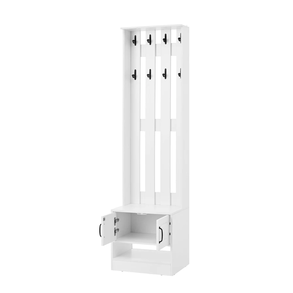 PINGGO Shoe Bench Shoe Cabinet Hallway Furniture With 2 Doors Rear Wall 8 Hooks White 50x36x190cm