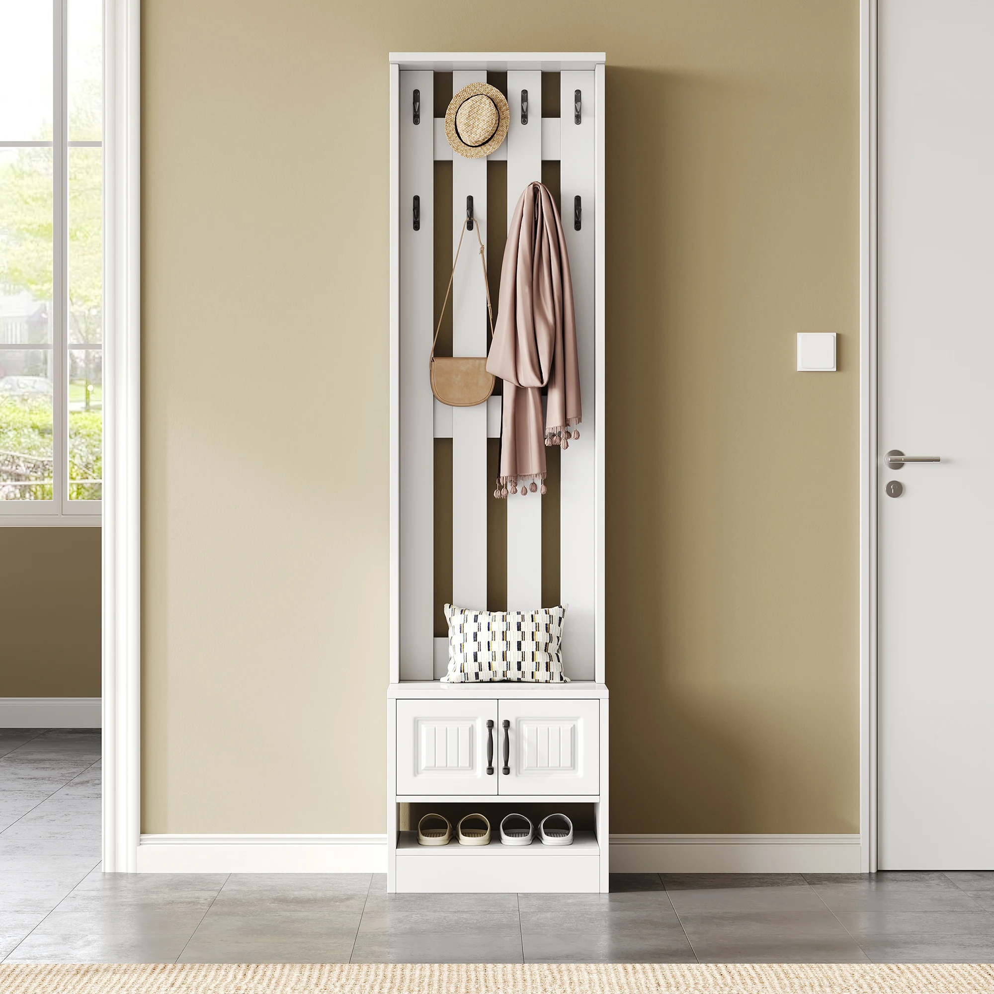 PINGGO Shoe Bench Shoe Cabinet Hallway Furniture With 2 Doors Rear Wall 8 Hooks White 50x36x190cm