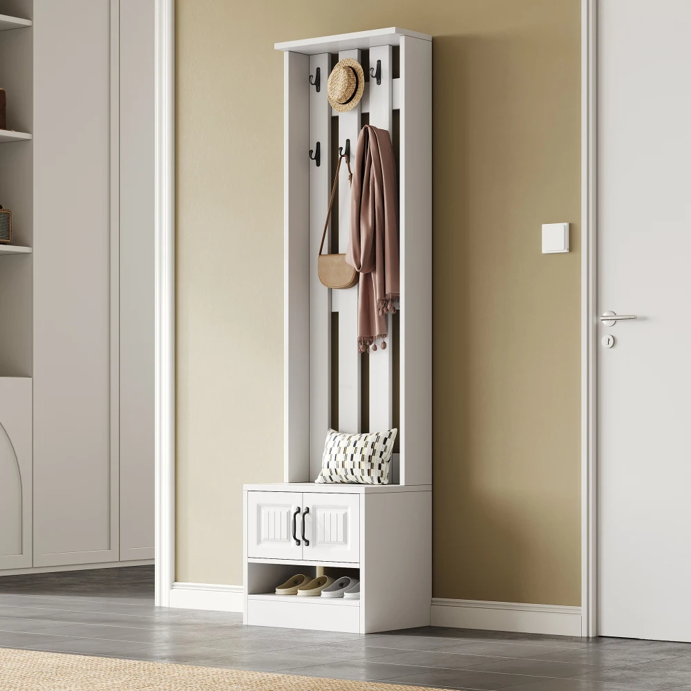 PINGGO Shoe Bench Shoe Cabinet Hallway Furniture With 2 Doors Rear Wall 8 Hooks White 50x36x190cm