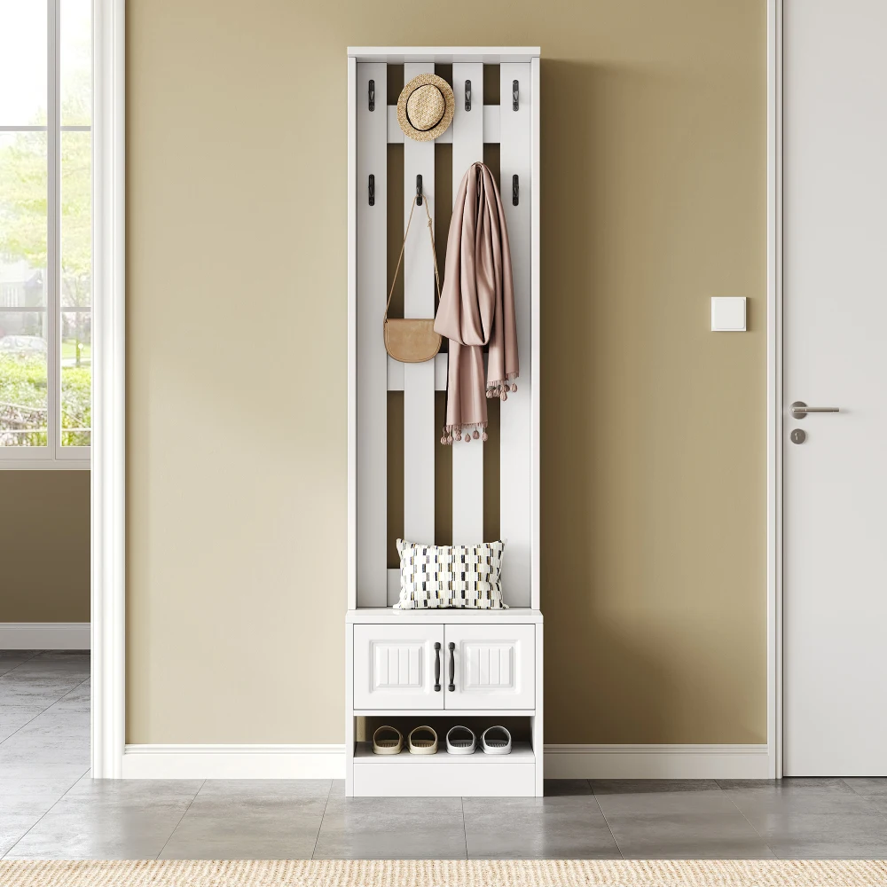 PINGGO Shoe Bench Shoe Cabinet Hallway Furniture With 2 Doors Rear Wall 8 Hooks White 50x36x190cm