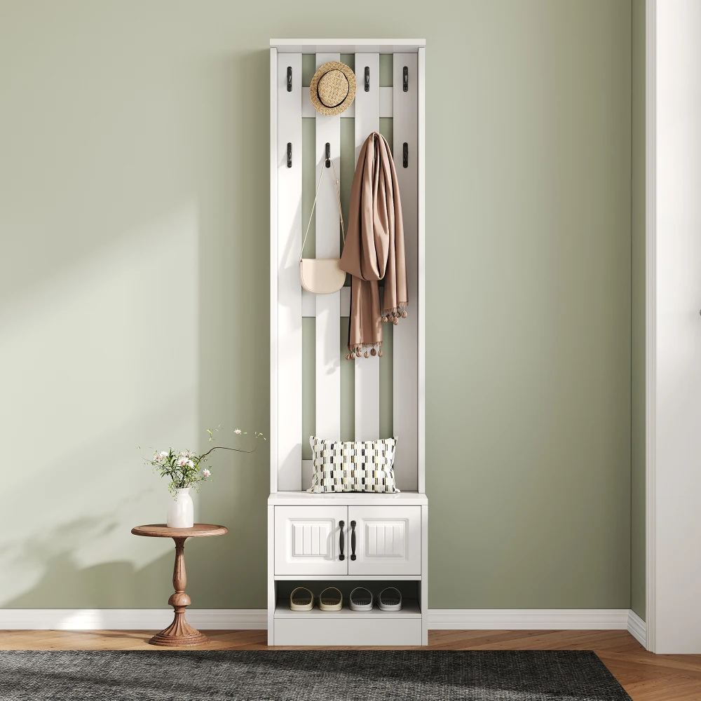 PINGGO Shoe Bench Shoe Cabinet Hallway Furniture With 2 Doors Rear Wall 8 Hooks White 50x36x190cm