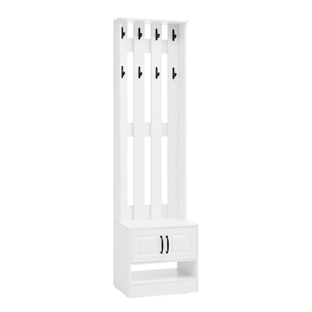 PINGGO Shoe Bench Shoe Cabinet Hallway Furniture With 2 Doors Rear Wall 8 Hooks White 50x36x190cm